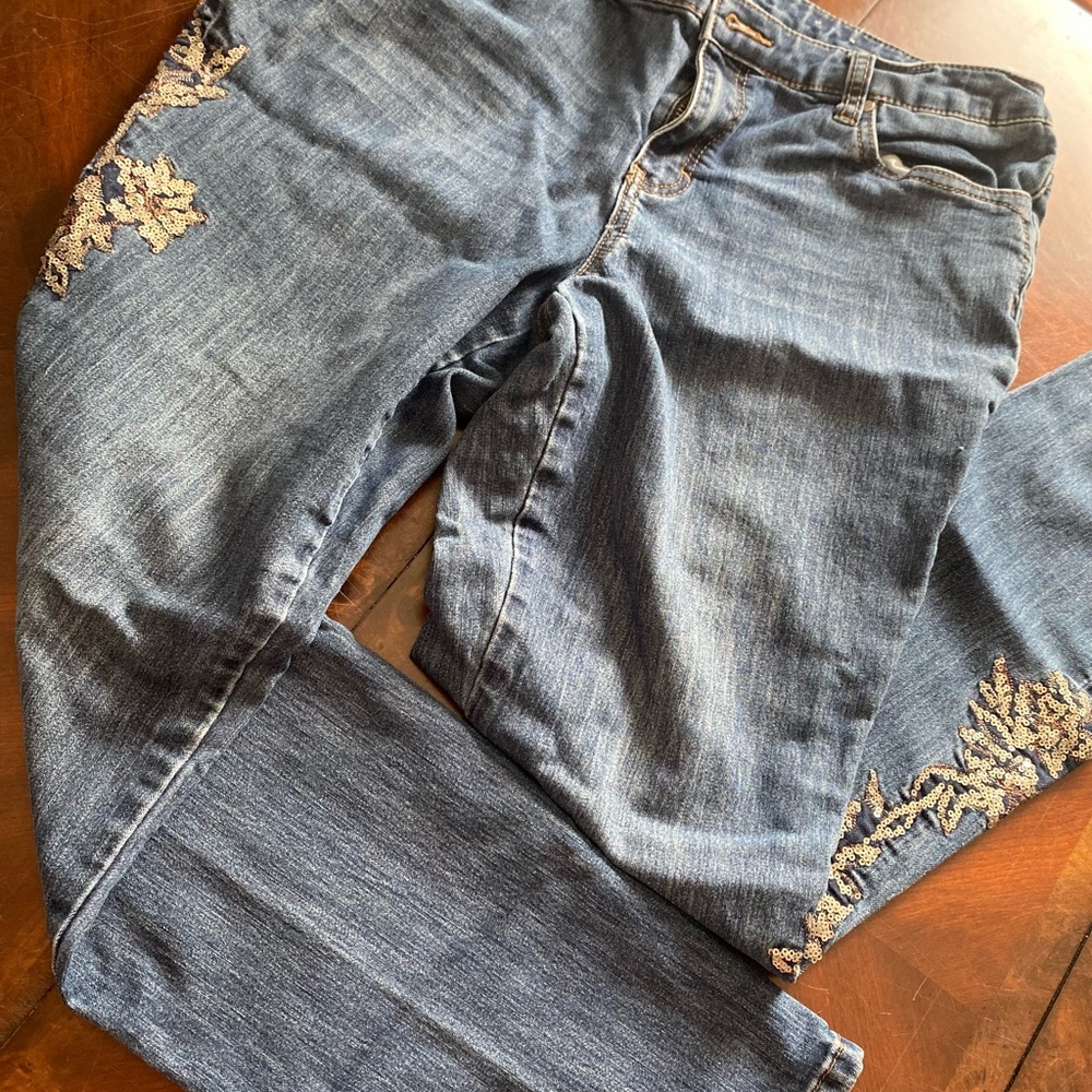 Christopher & Banks Blue Straight Leg Jeans with Embroidery